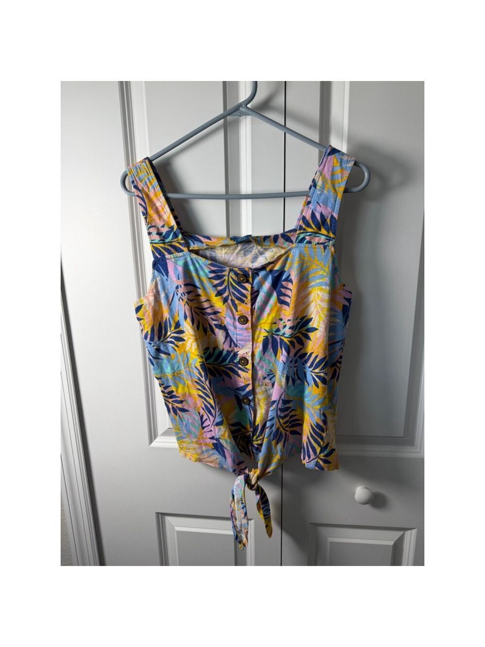 Women's Caribbean Joe Tank Top L Blue Yellow Tropical Print